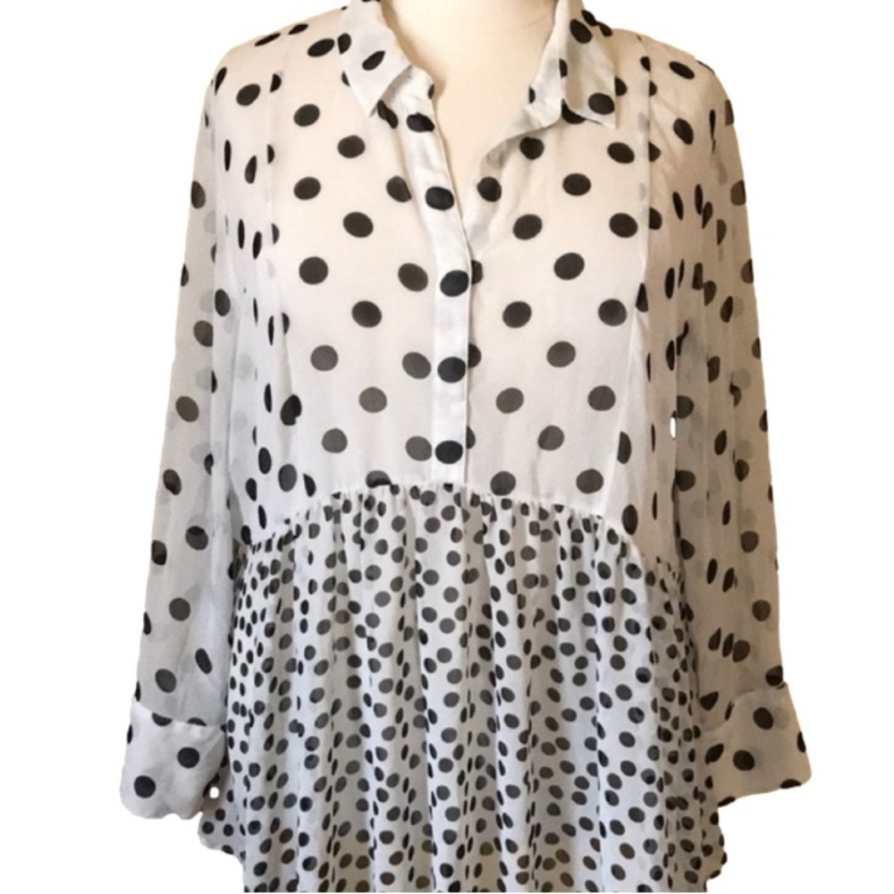 LANE BRYANT Sheer Blouse Long Sleeve White Black Polka Dot Women Plus Size 22/24